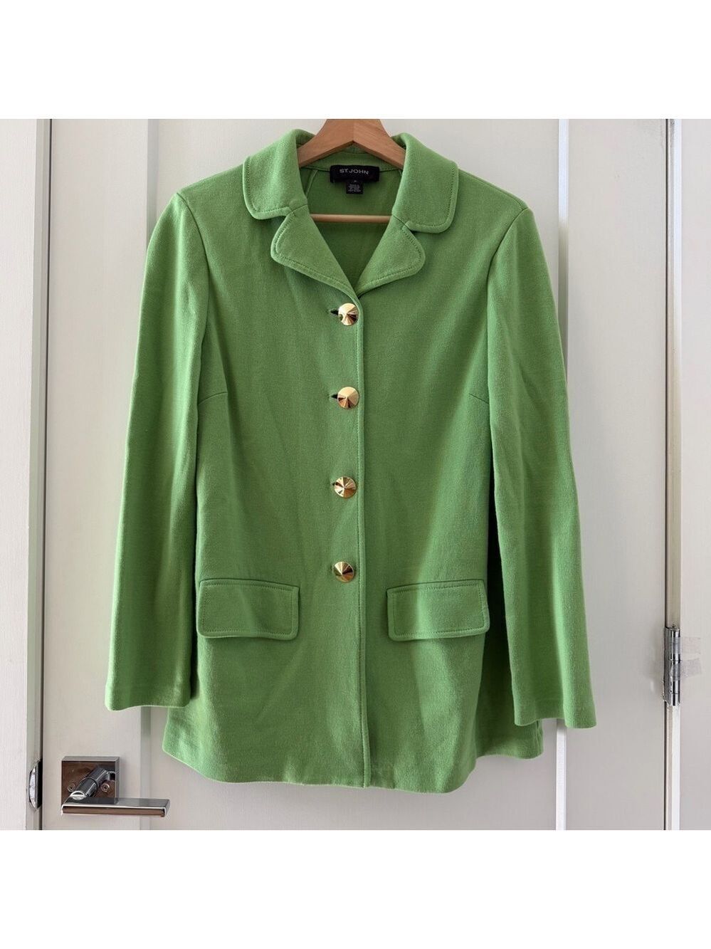 ST JOHN Vintage Green 4 Gold Buttons Wool Blend Blazer Jacket Size 10
